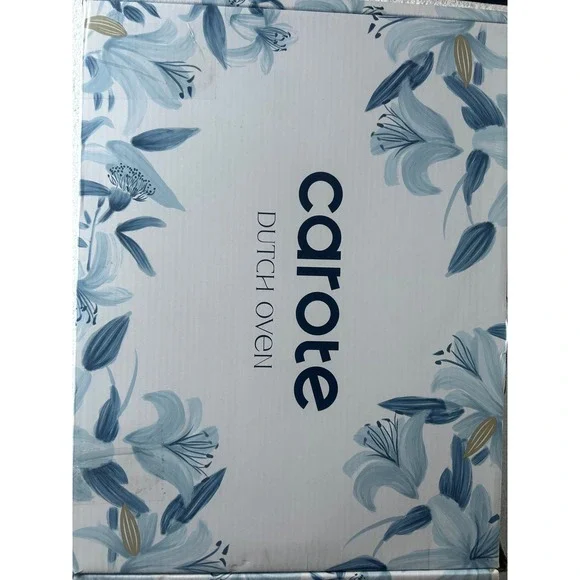 Carote Enameled Cast Iron Dutch Oven White Blue Floral Lily Gold Knob New in Box