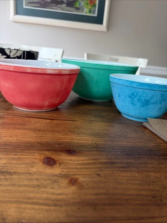 Colorful Ceramic Pyrex  Mixing Bowl Set - Red, Teal, Blue