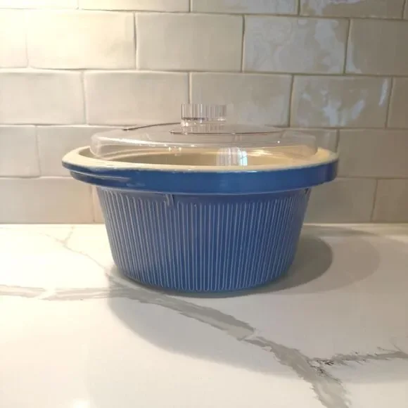 Vintage Rival Crockpot Replacement Blue Ribbed Bowl & Clear Plastic Lid - 3355