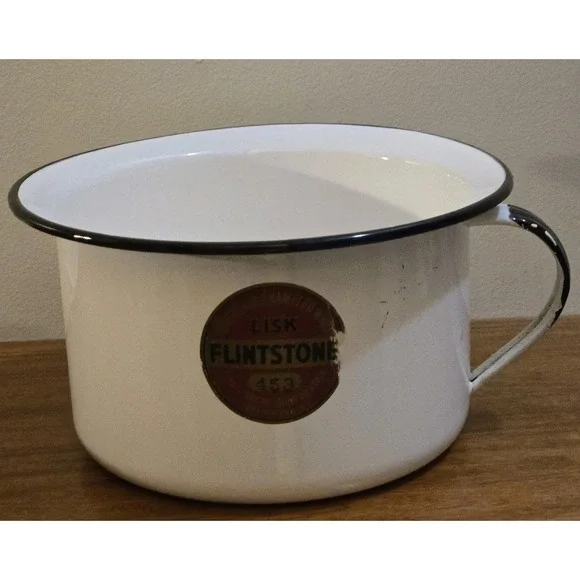 Vintage Lisk Flintstone Enamelware Farmhouse Chamber Pot Black Trim With Handle