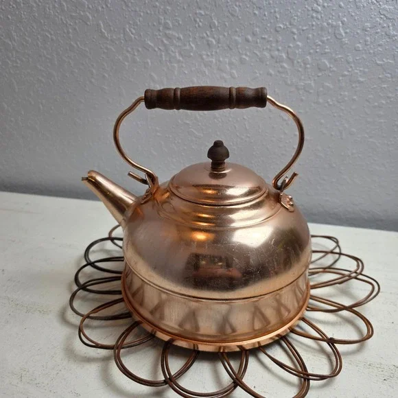 Vintage 1970's Coppertone Aluminum Colonial America Style Tea Kettle Wood Handle