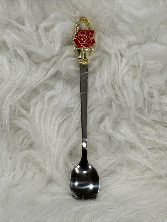 Vintage Red Rose Decorative Iced Tea Souvenir Spoon Gold Silver Tone Enamel