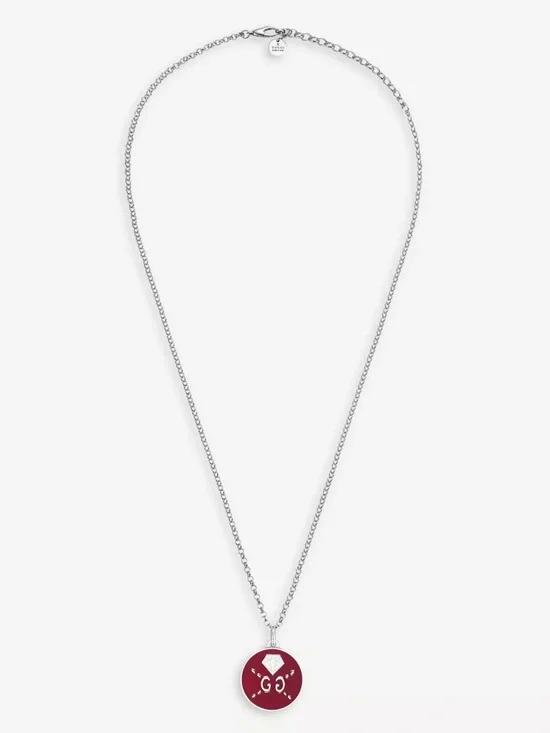 Gucci Ghost Logo Diamond Motif Pendant Sterling Silver 925 Enamel Necklace