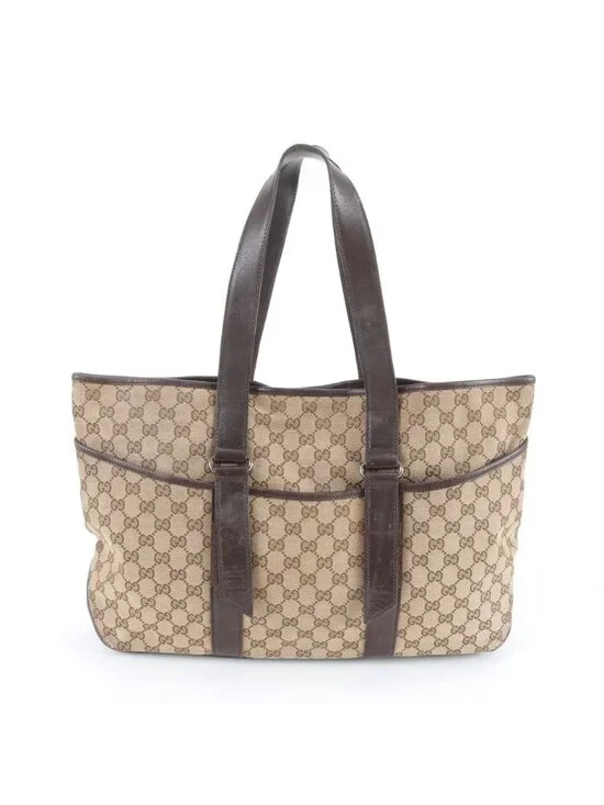 Gucci GG Canvas Leather Tote Shoulder Business Document Brown