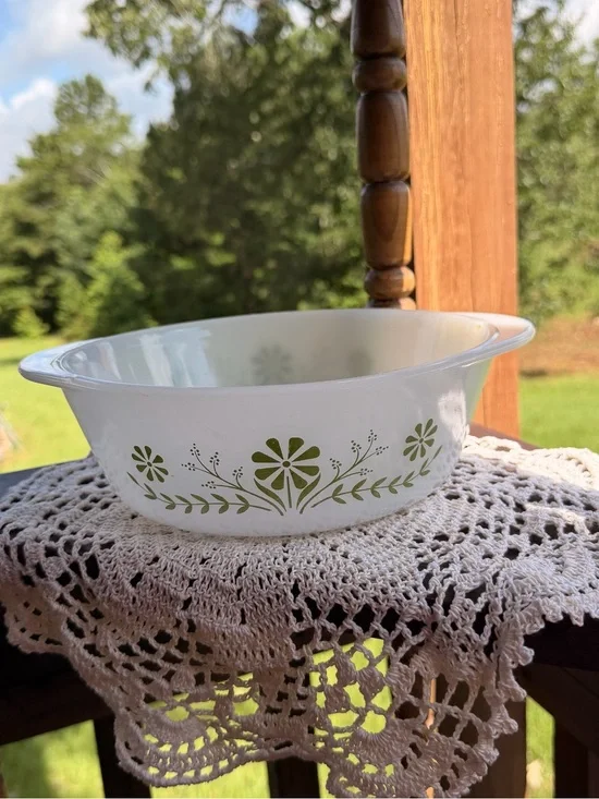 Glasbake Casserole Dish with Green Daisy Pattern