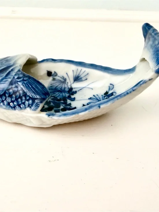 Vintage Asian Blue and White Porcelain Fish Trinket Dish