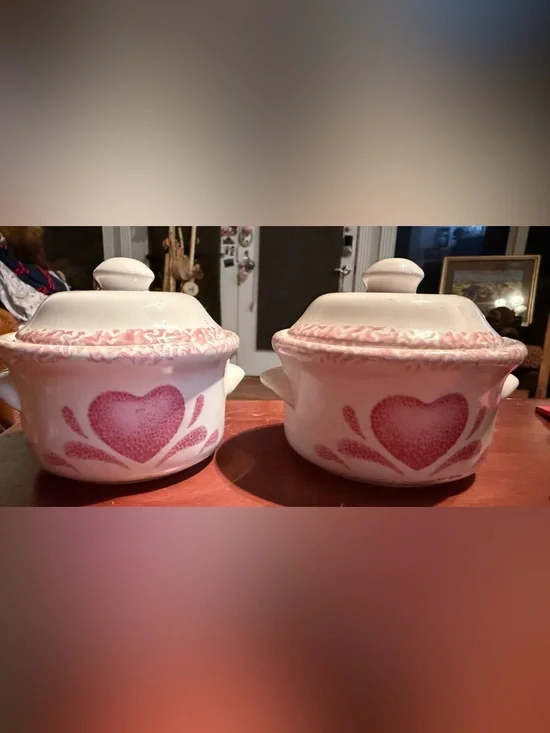 Vintage 5'' Crocks With Lids Pink Country Heart Design Set Of 2