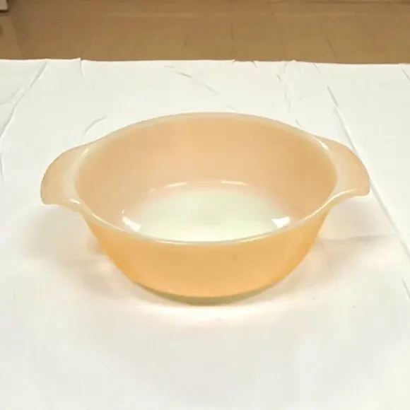 Fire king Round Pink/White Glass Casserole Dish w/ Handles, Glossy Finish, 9 in