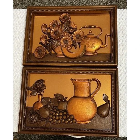 Vtg Coppercraft Guild 3D Copper Art Wall Hanging Kitchen Farm Cottage MCM Pair