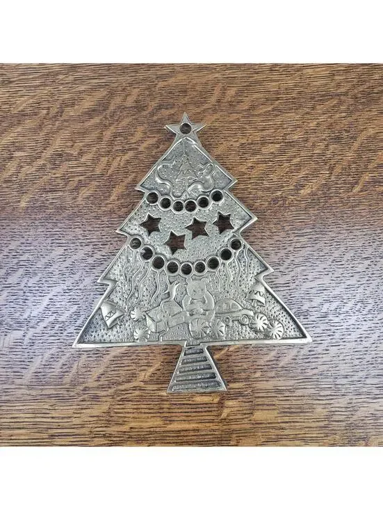 Vintage Solid Brass Christmas Tree Trivet | Teddy Bear Toy Car Kitchen Decor
