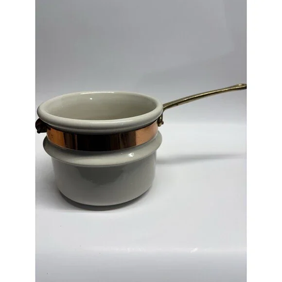 Vintage Metalitol Portugal Ceramic Saucepan Copper Band Brass Handle MCM Pot