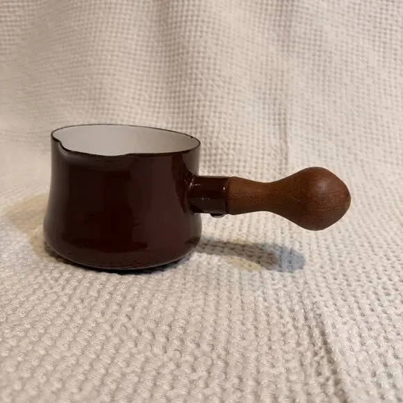 Dansk Kobenstyle Brown Enamelware Butter Warmer with Wood Handle