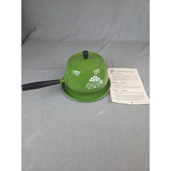 Vintage 70s Fondue Pot Avocado Green white Japan cooking pot retro mushroom