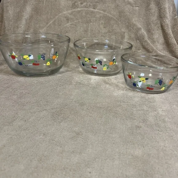 3pc Vtg Anchor Hocking Retro Mixing Bowl 1qt 1.5qt 2.5 qt Fruit Pattern 1990‎