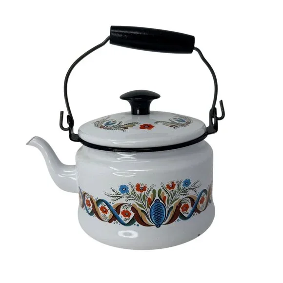 Vintage‎ 1960s Georges Briard Dutch Floral Enamelware Teapot Tea Kettle MCM