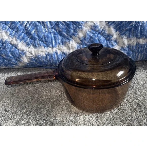 Corning Visions Amber Glass 1.5L Saucepan Pot W/Lid Made in USA Vintage PYREX