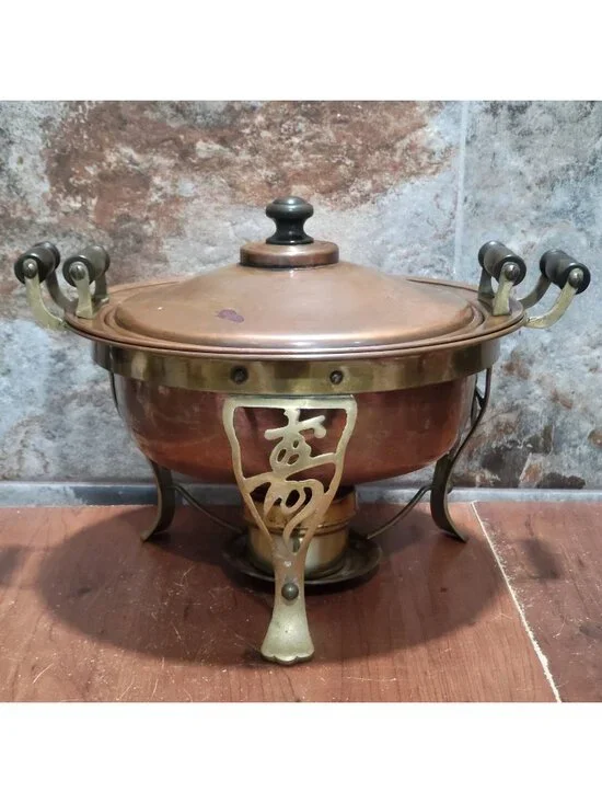 Antique Copper Brass Covered  Chafing Dish Tabletop Buffet Food Warmer