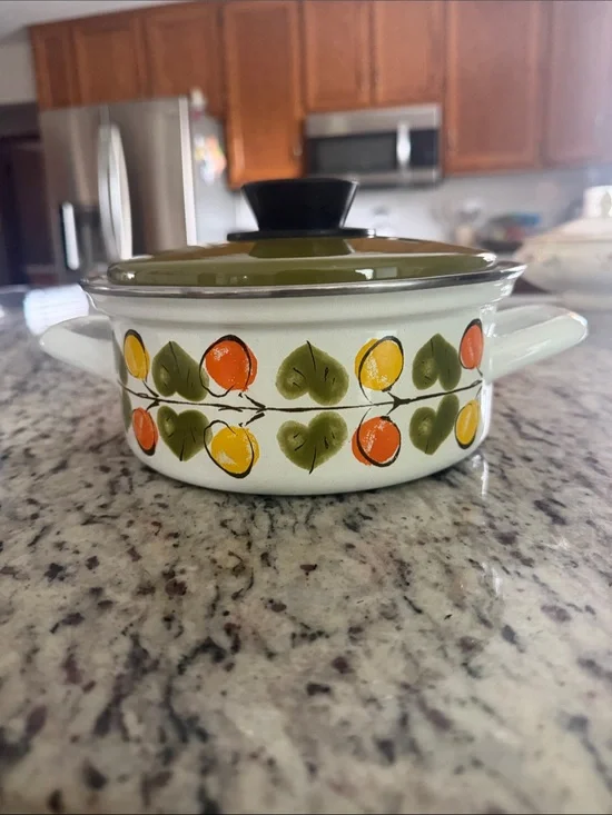 Retro Hand-Painted Enamel Casserole with Olive Green Lid Austria Email
