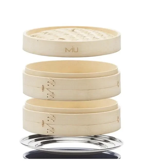MIU Bamboo Steamer Basket 10 Inch 2 Tier Set Stainless Adapter