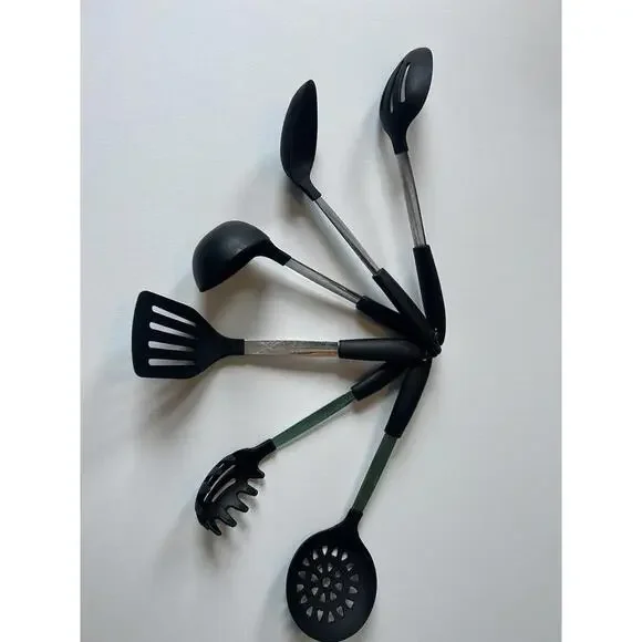 6 piece set of black silicone kitchen utensils with stainless steel handles