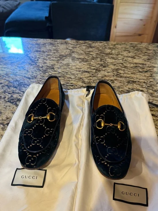 Gucci Men's dark blue Velvet Horsebit Loafers with GG Embossing
