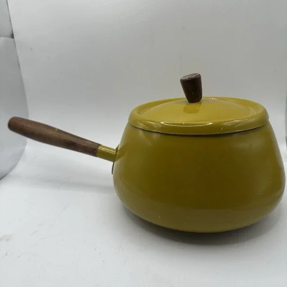 Vintage Enameled Metal Walnut Wood Handle Yellow Green Fondue Pot MCM