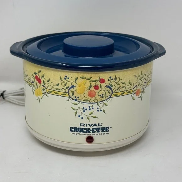 Rival Crock-Ette 1 Qt Stoneware Slow Cooker Fruit Pattern Blue Model Vtg Kitchen