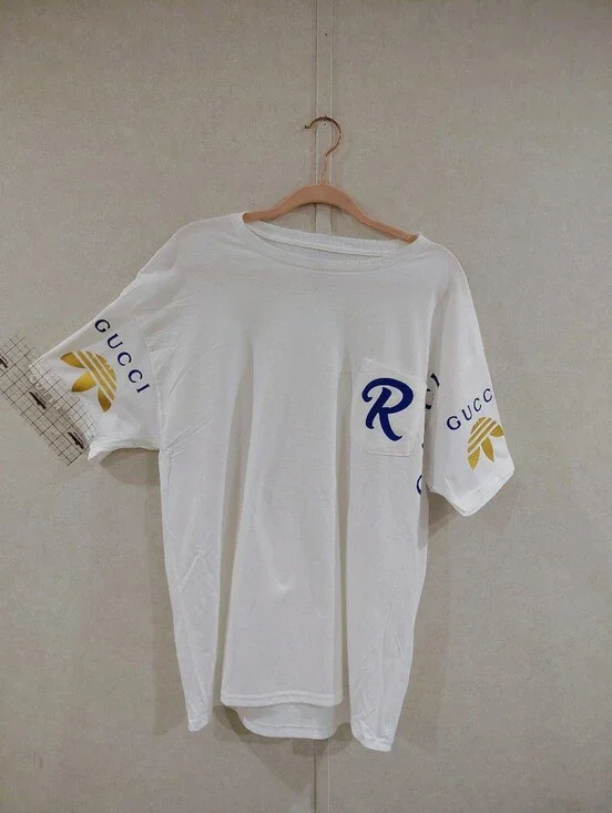Gucci White Short-Sleeve Tee with Blue Logo and Gold Sleeve Motifs