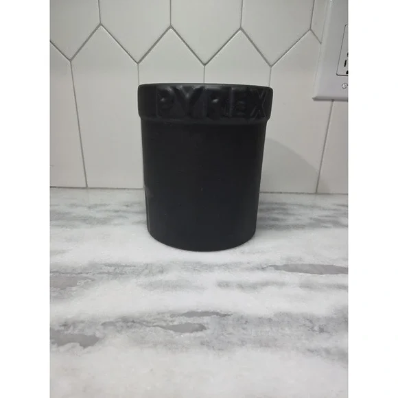 Pyrex Matte Black‎ Utensil Holder, Vintage Kitchen Vessel, Stoneware Vase, Decor