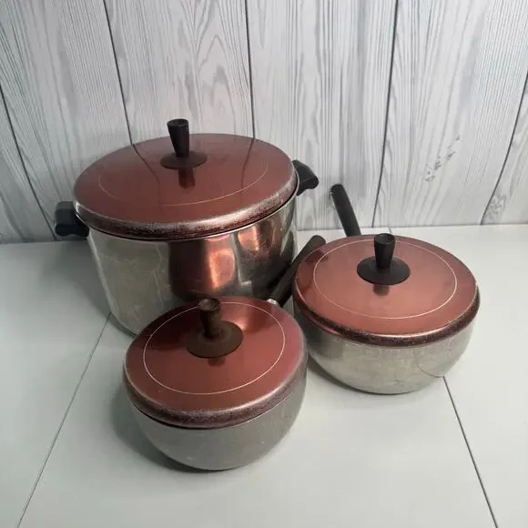 Lot of 3 Vtg MCM Wear-Ever/Faberwear Aluminum Pots Pan Skillet Copper Lids