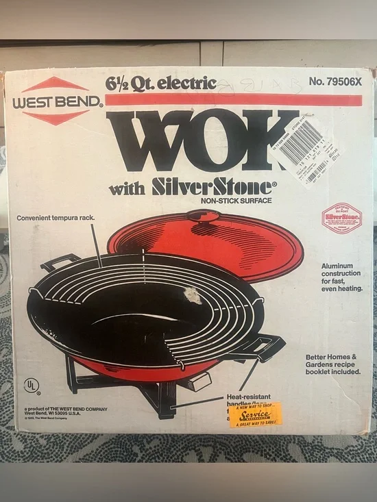 VINTAGE 1989 West Bend 6 Qt Electric Wok Red-Orange Lid