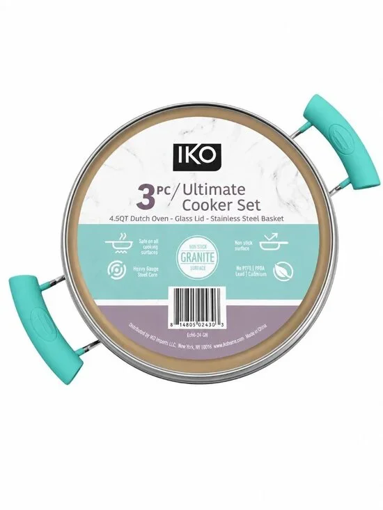 IKO 3 Pc Ultimate Cooker Set 4.5 Qt Dutch Oven Glass Lid Basket New