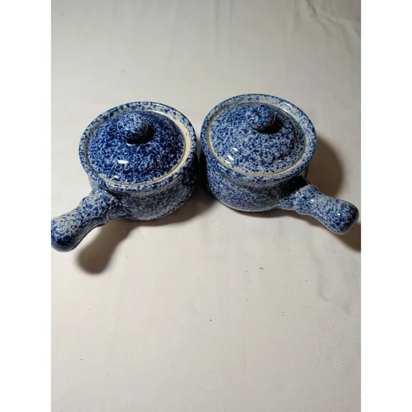 2 Vintage Stoneware Blue and White Splatterware or Spongeware lidded crock