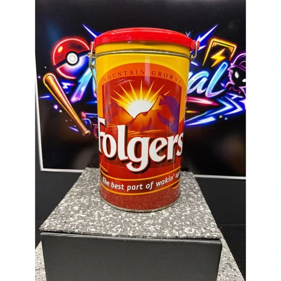 Folgers Coffee Tin Houston Harvest Hinged Lid Wire Bale Collectible Canister
