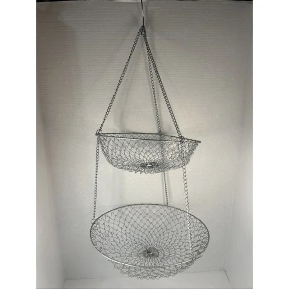 2-Tier Kitchen Hanging Fruit Basket Wire Hanging Collapsible Basket Read Vtg