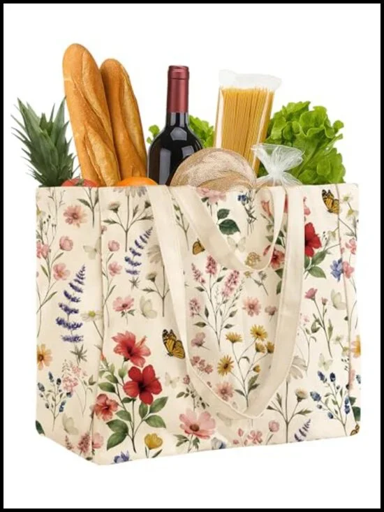 Large Canvas Grocery Tote - Reusable Shopping Bag with 6 Pockets
