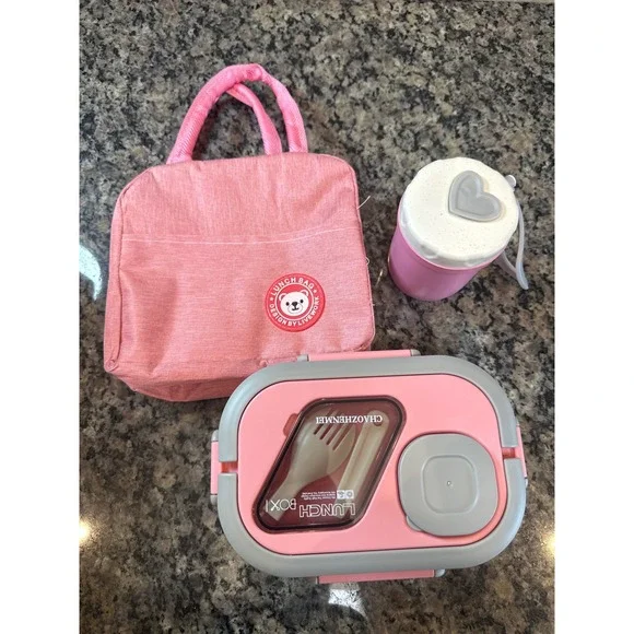 New Pink Bento Lunch Box Set‎ with Insulated Bag and Soup Cup 3 Piece Kit