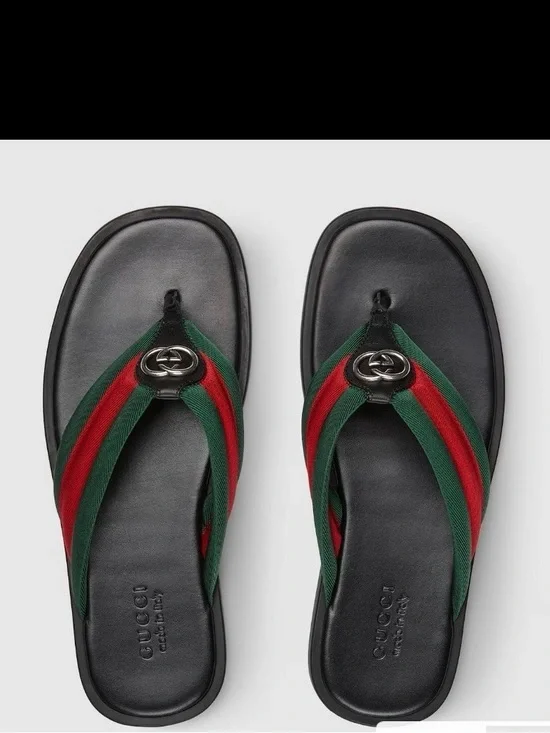 GG Black Leather Thong Sandals with Green and Red Web