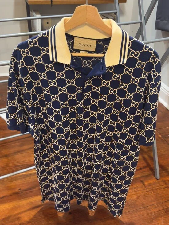 Gucci GG Monogram Jacquard Polo Shirt Navy Ivory Size Large Made in Italy