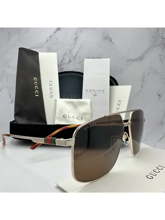New GUCCI Sunglasses Gold Metal Square Aviator Pilot Red Green Web Logo Mens
