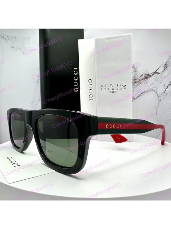 New GUCCI Sunglasses Mens 52mm Black Square Rectangle Aviator Red Green Web Arm