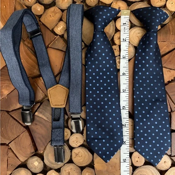 Baby Toddler Navy Blue Matching Polka Dot Ties and Suspenders Siblings Set