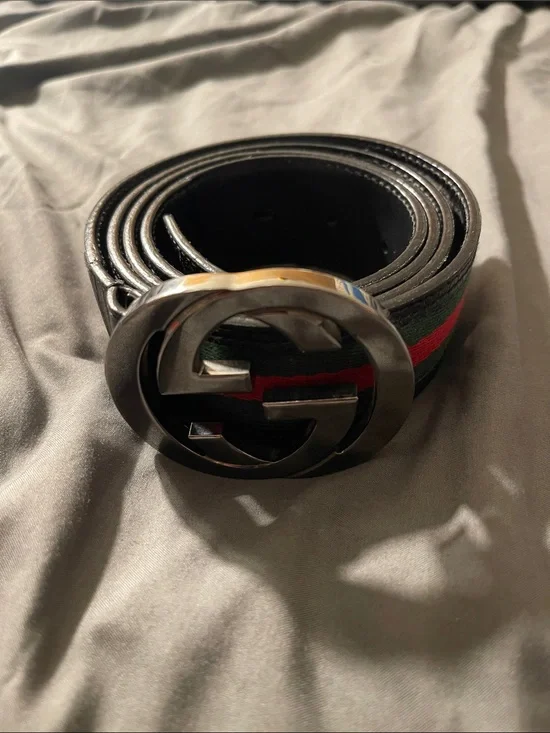 Gucci Black Leather Belt with Green and Red Web and Gunmetal GG Buckle