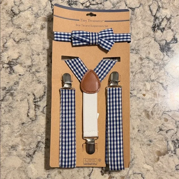 Tiny Treasures Blue and White Kids Bow Tie and Suspenders Set