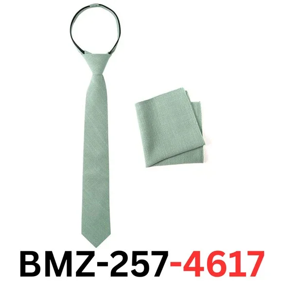 Spring Notion Boys Linen Blend Zipper Necktie and Pocket Square Set, Sage Medium