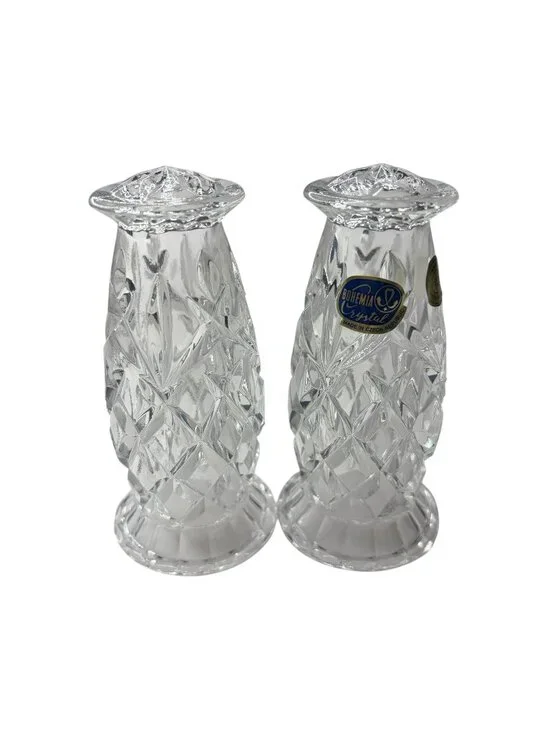 Bohemia Crystal Salt and Pepper Shakers Set Clear Lead Cut Glass Czech Republic