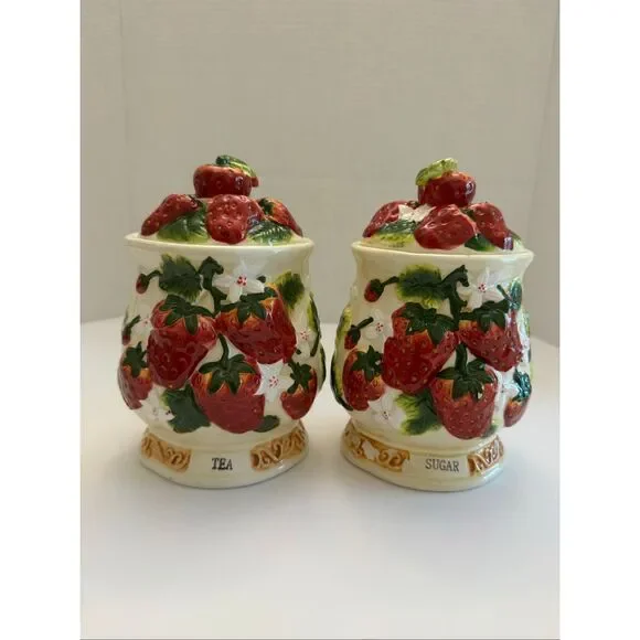 Vintage Retro Strawberry & Floral Sugar and Tea Canister Set of 2 READ