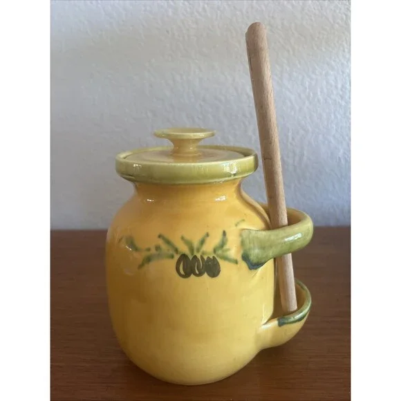 Olive Jar Pot with Wood Tongs LOU PIGNATIER Made In France Ceramic Pottery Rare