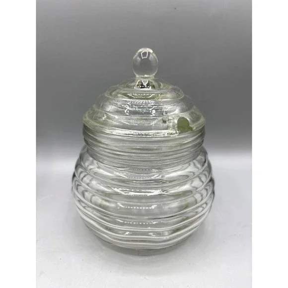 Vtg Clear Glass Beehive Honey Pot Ribbed Jar with Notched Lid Farmhouse Decor