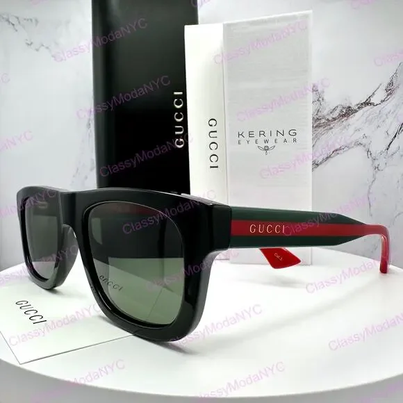 New GUCCI Sunglasses Mens 52mm Black Square Rectangle Aviator Red Green Web Arm